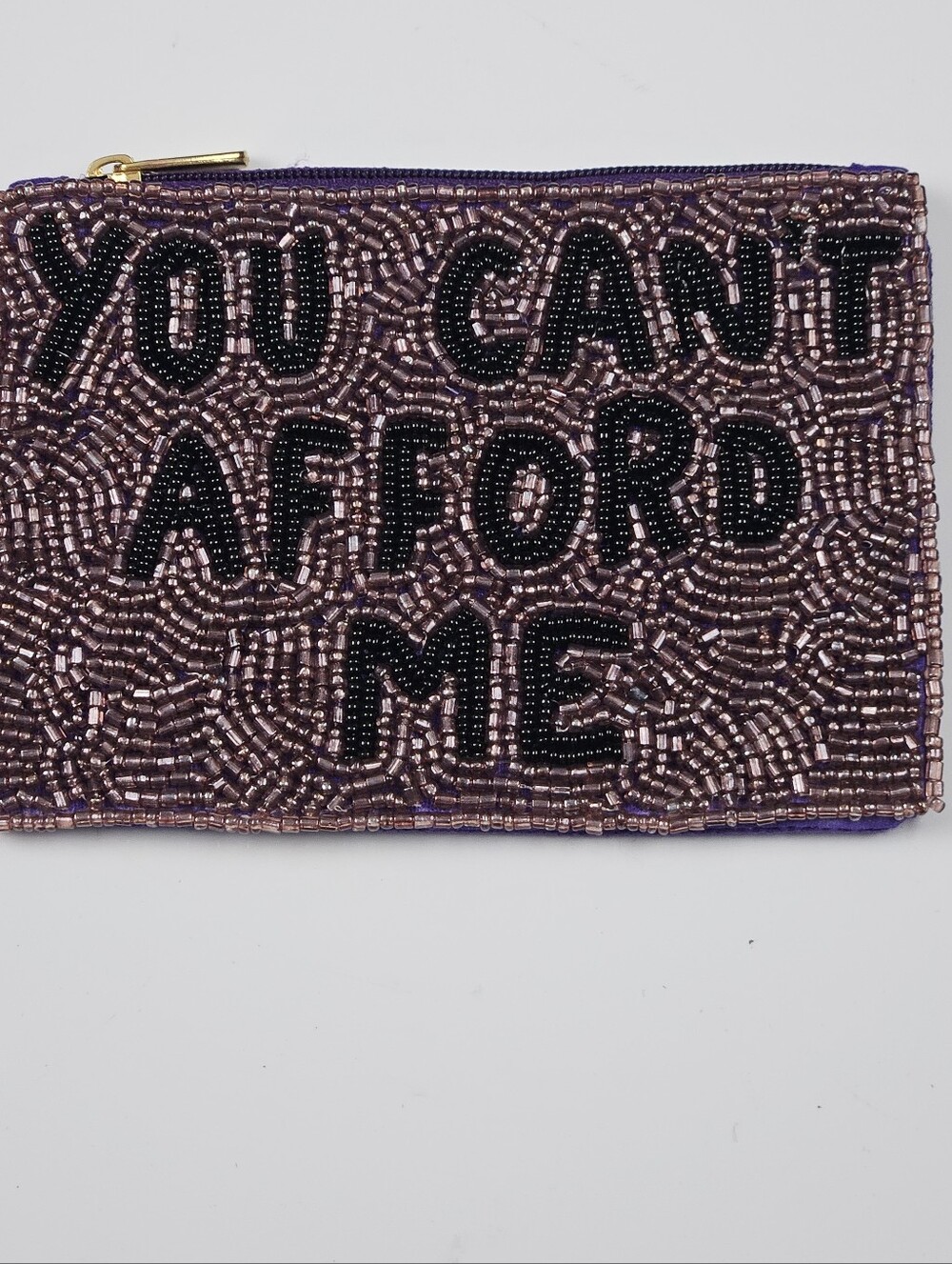 You Can't Afford Me Beaded Coin Purse Pouch Purple Black Statement Zip